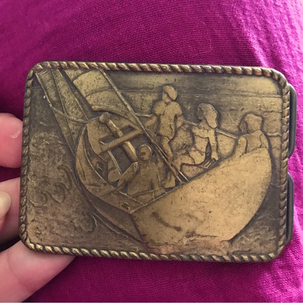 Vintage Brass Belt Buckle with Nautical Design
Sailboat with people 
Rare find